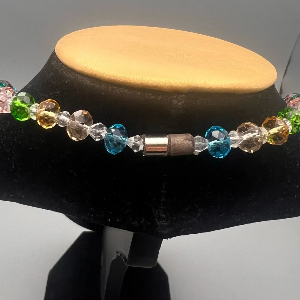 Y2K Multicolor Beaded Necklace — Crystal Flower Cluster Statement Jewelry, 18”